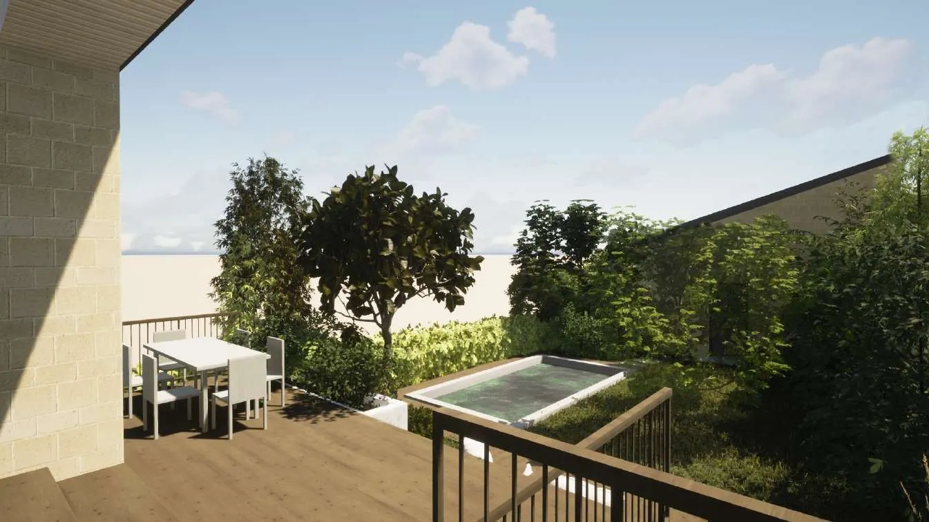 La terrasse en bois et la piscine, vers le jardin