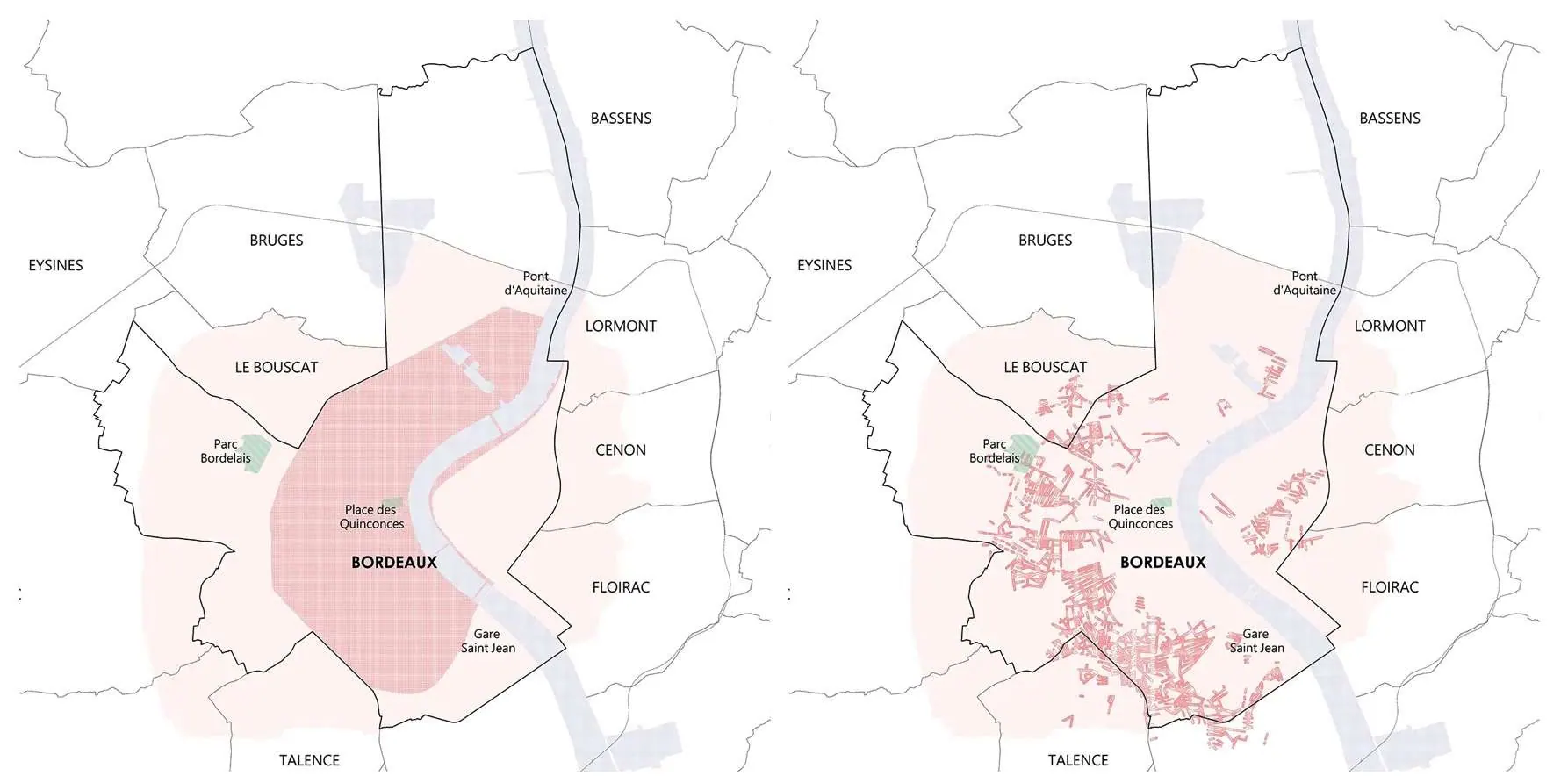 Bordeaux, zone patrimoniale UNESCO et localisation des échoppes · plans