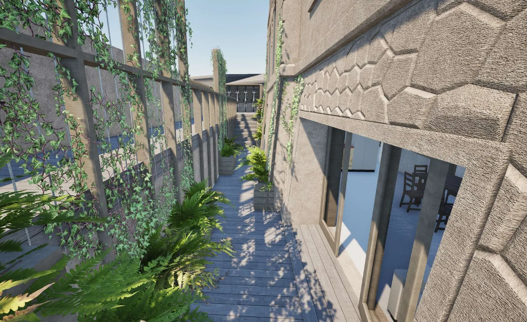La terrasse du rez-de-chaussée, le long de la façade ouest