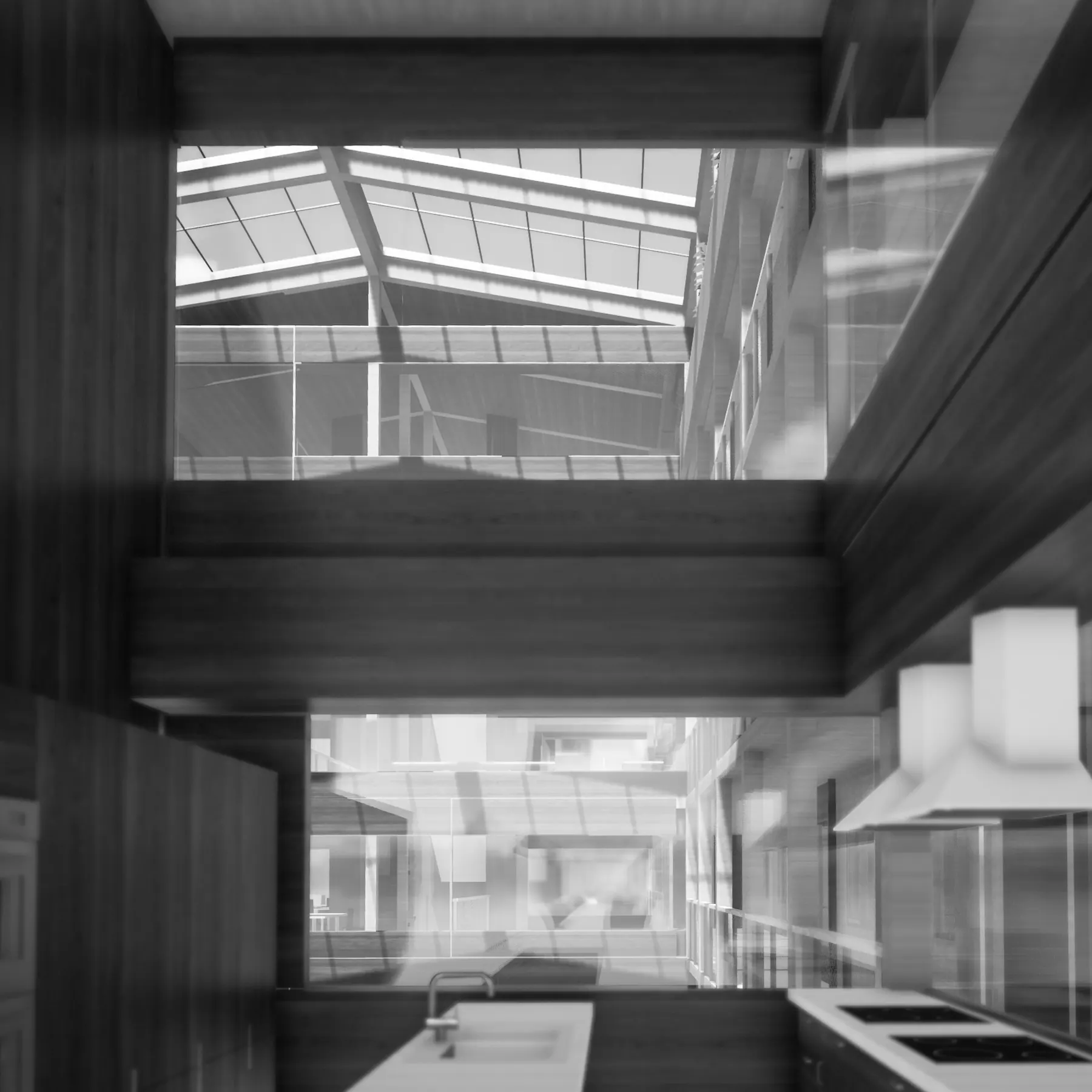 Depuis une cuisine, vers l'atrium