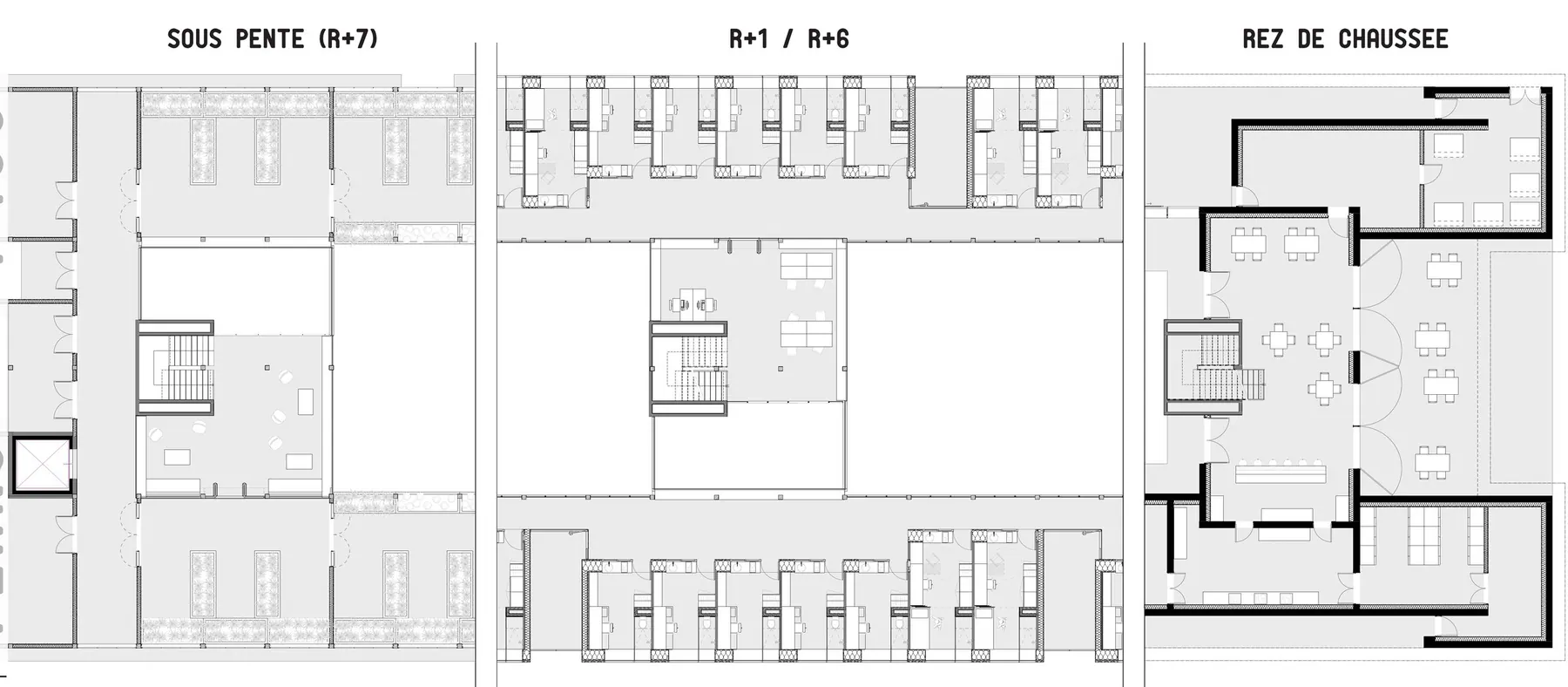 Plans · sous pente (R+7), R+1 à R+6, rez-de-chaussée · 1:100