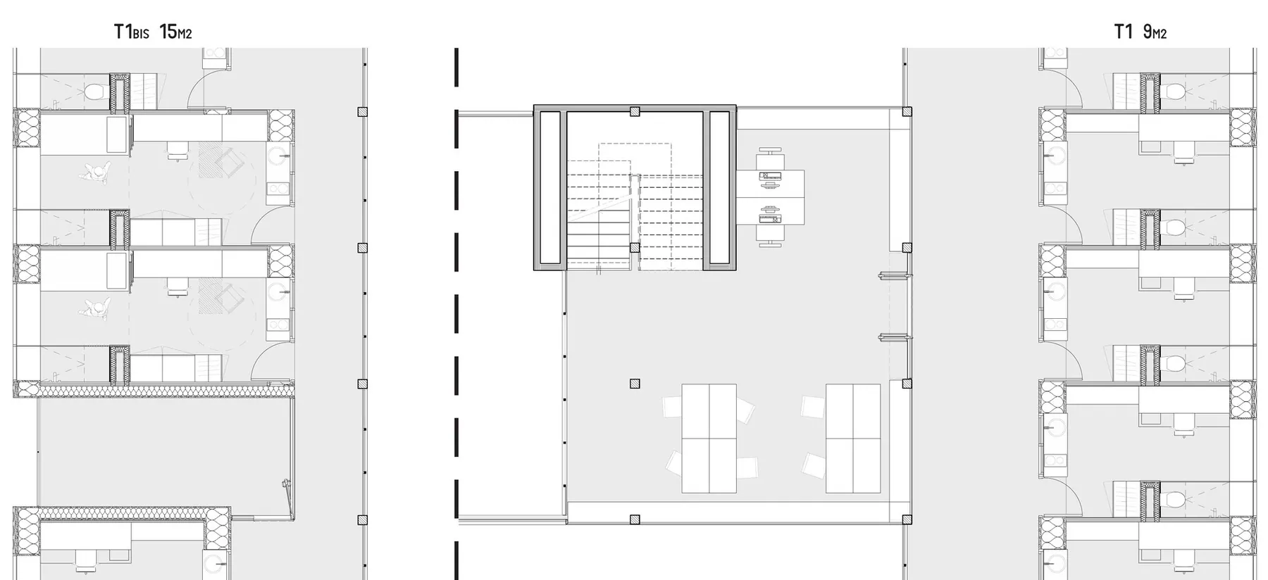 Extraits de plans · T1 bis de 15 m², foyer, T1 de 9 m² · 1:50