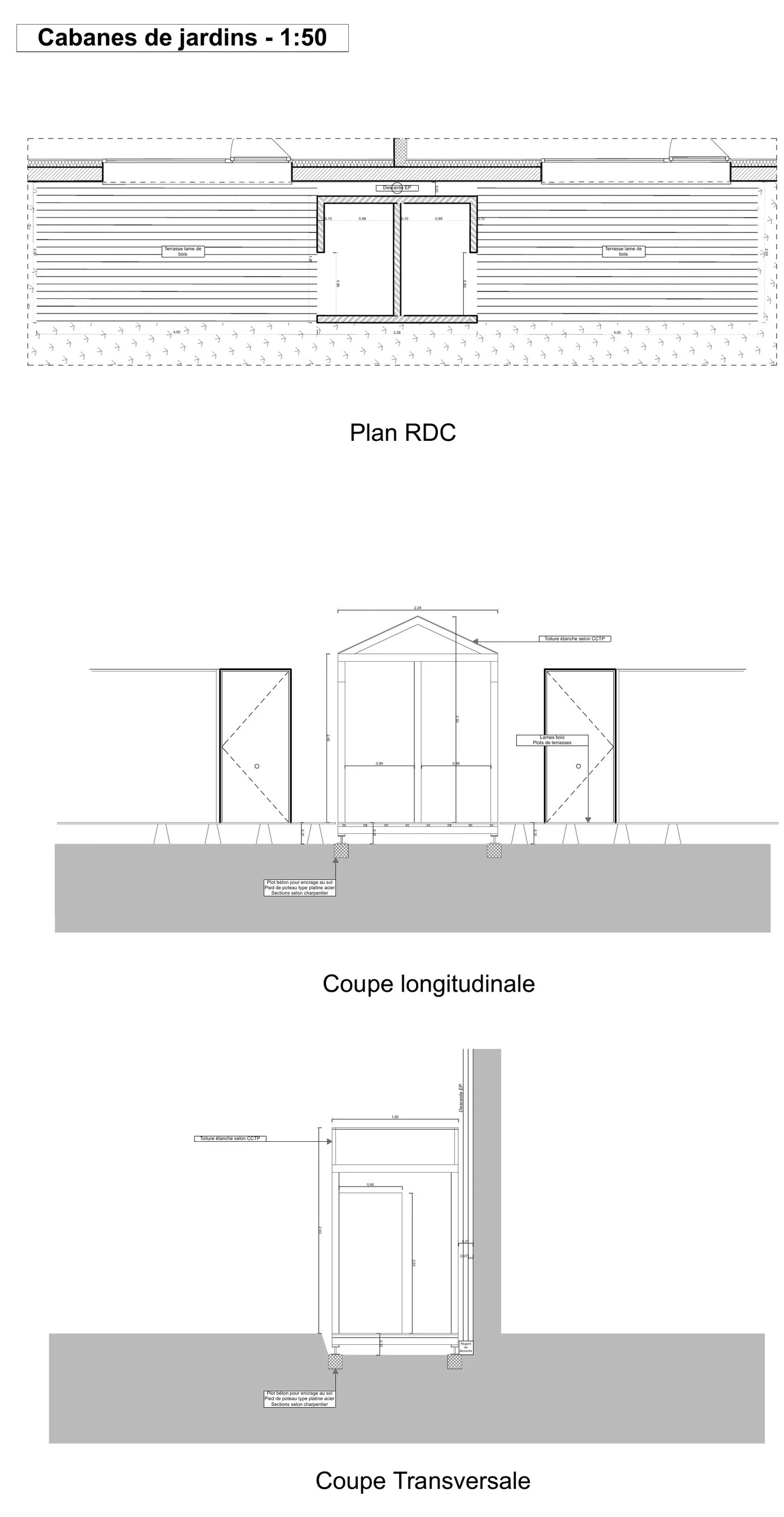 Cabanes de jardin, plan et coupes