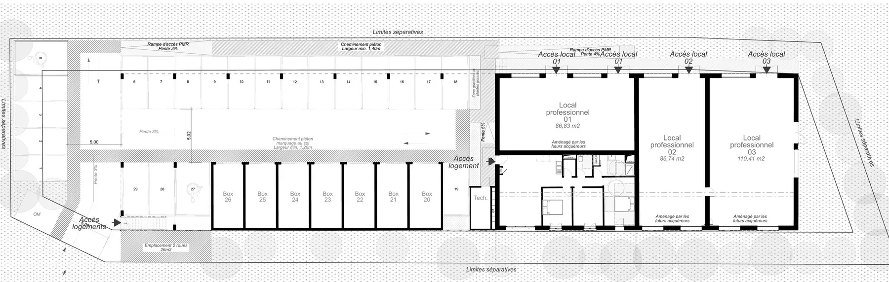 Rez-de-chaussée : stationnement, box, locaux professionnels et un logement